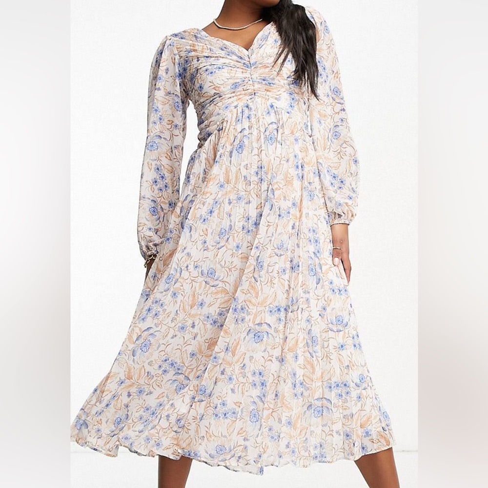NWT Forever New Rosalia Petite Pleated Midi Dress Blue Robina Floral Long Sleeve